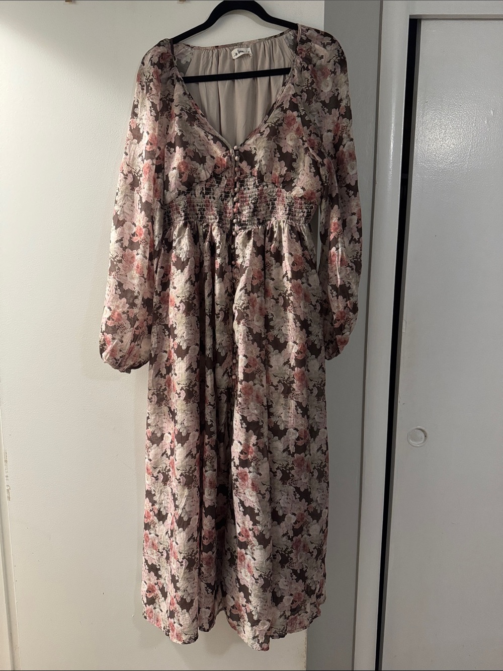 Floral Smocked Waist Long Sleeve Maxi Dress - Pink & Cream